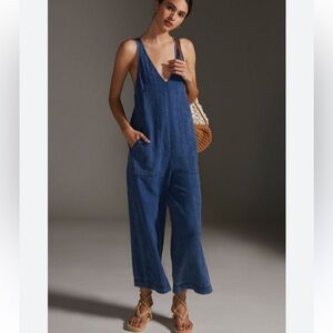 Anthropologie Pilcro Relaxed Wide Leg Soft Cotton Chambray Denim Ankle Jumpsuit